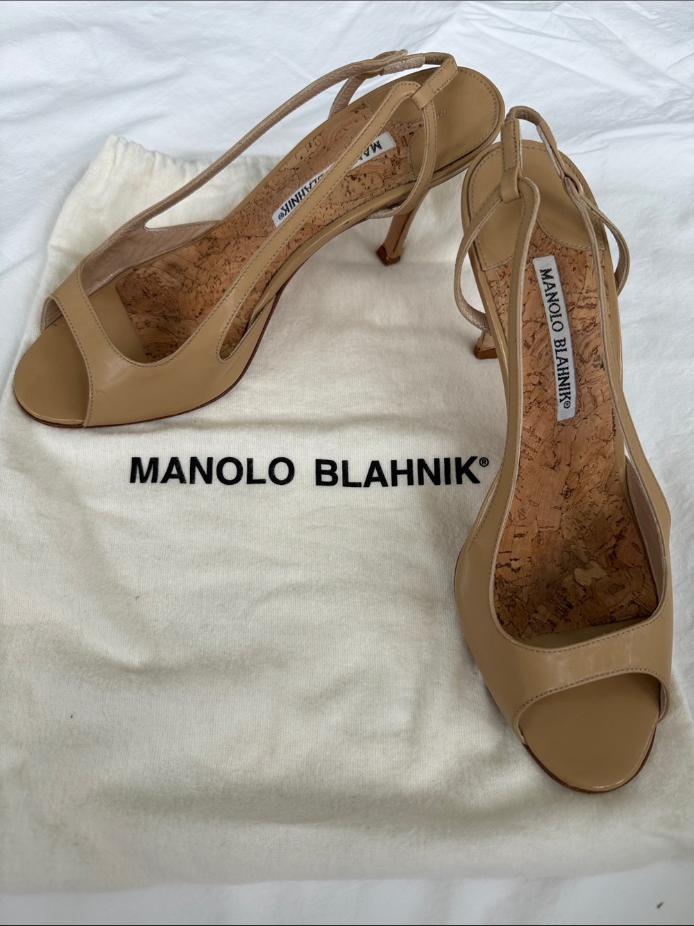Manolo Blahnik Beige Leather Slingback Peep-Toe Heels